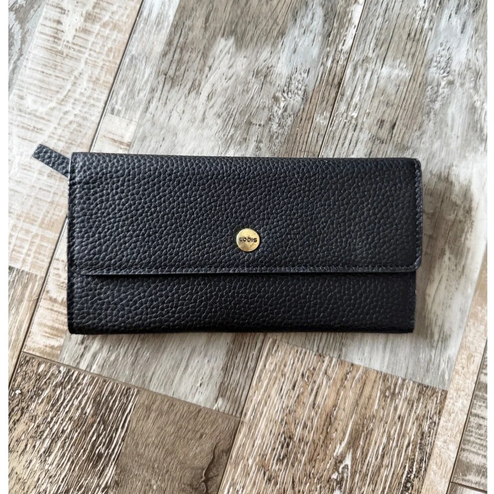 LODIS Womens Minimalist Continental Wallet Genuine Leather OS Black Trifold Gold